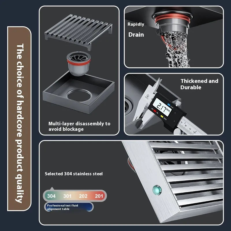 Gun grey 304 stainless steel courtyard deodorant floor drain with a 15x15cm ABS plastic core.