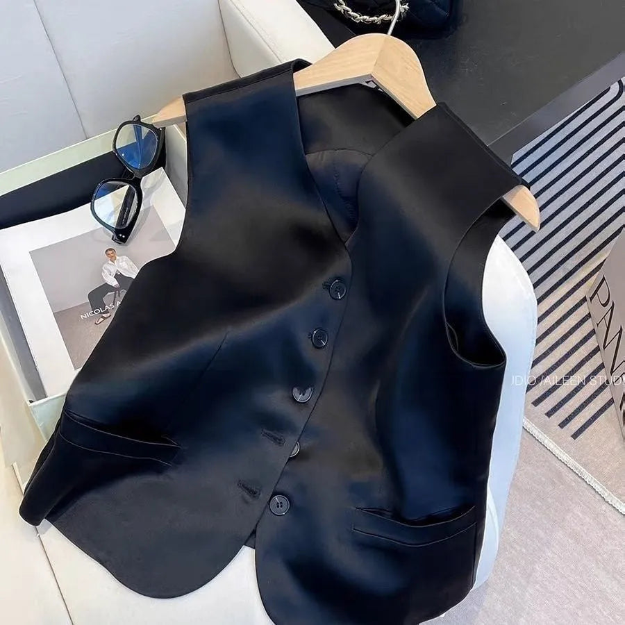 Black satin ladies' sleeveless vest with loose fit and 50cm length