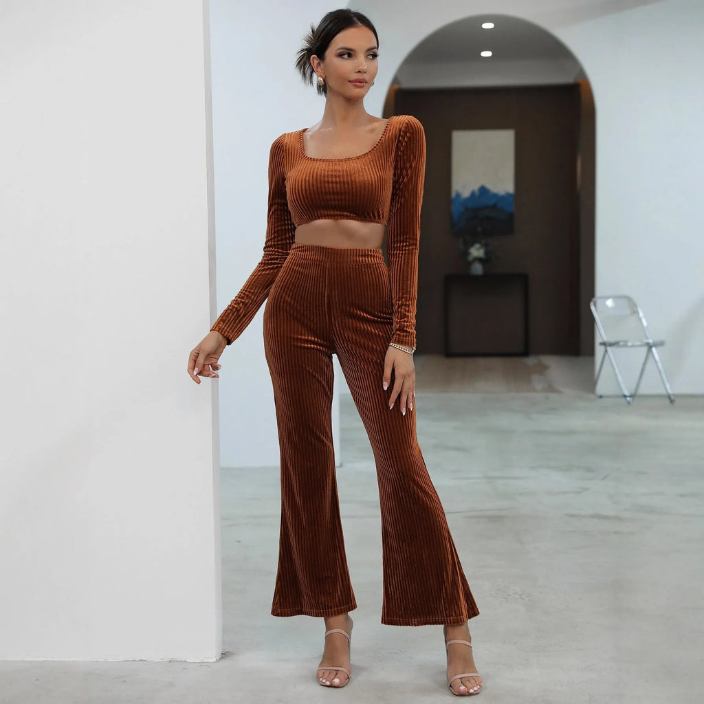 Caramel coloured long sleeve sweater and trouser casual set with Asian sizing options