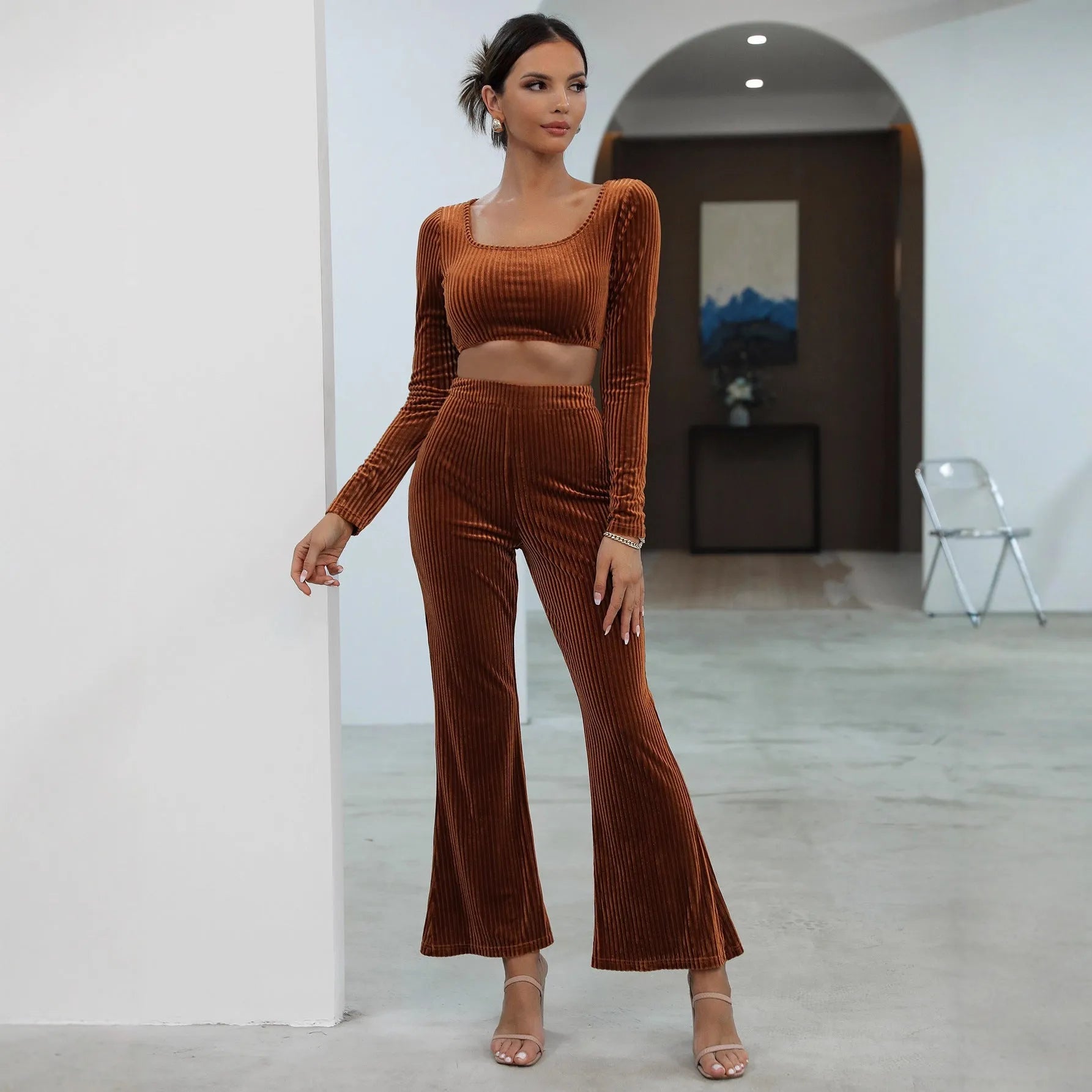 Caramel coloured long sleeve sweater and trouser casual set with Asian sizing options