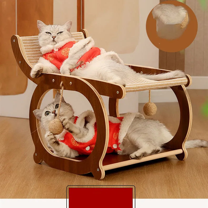 Solid wood cat scratcher and bed with sisal scratching surface in walnut colour