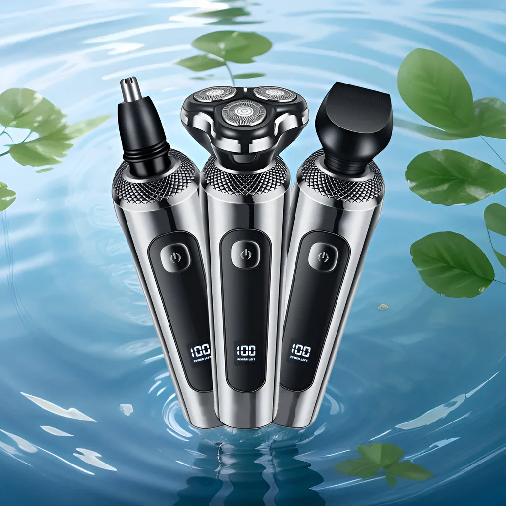 Digital display USB rechargeable beard scraper with washable floating cutter head on five-in-one base.
