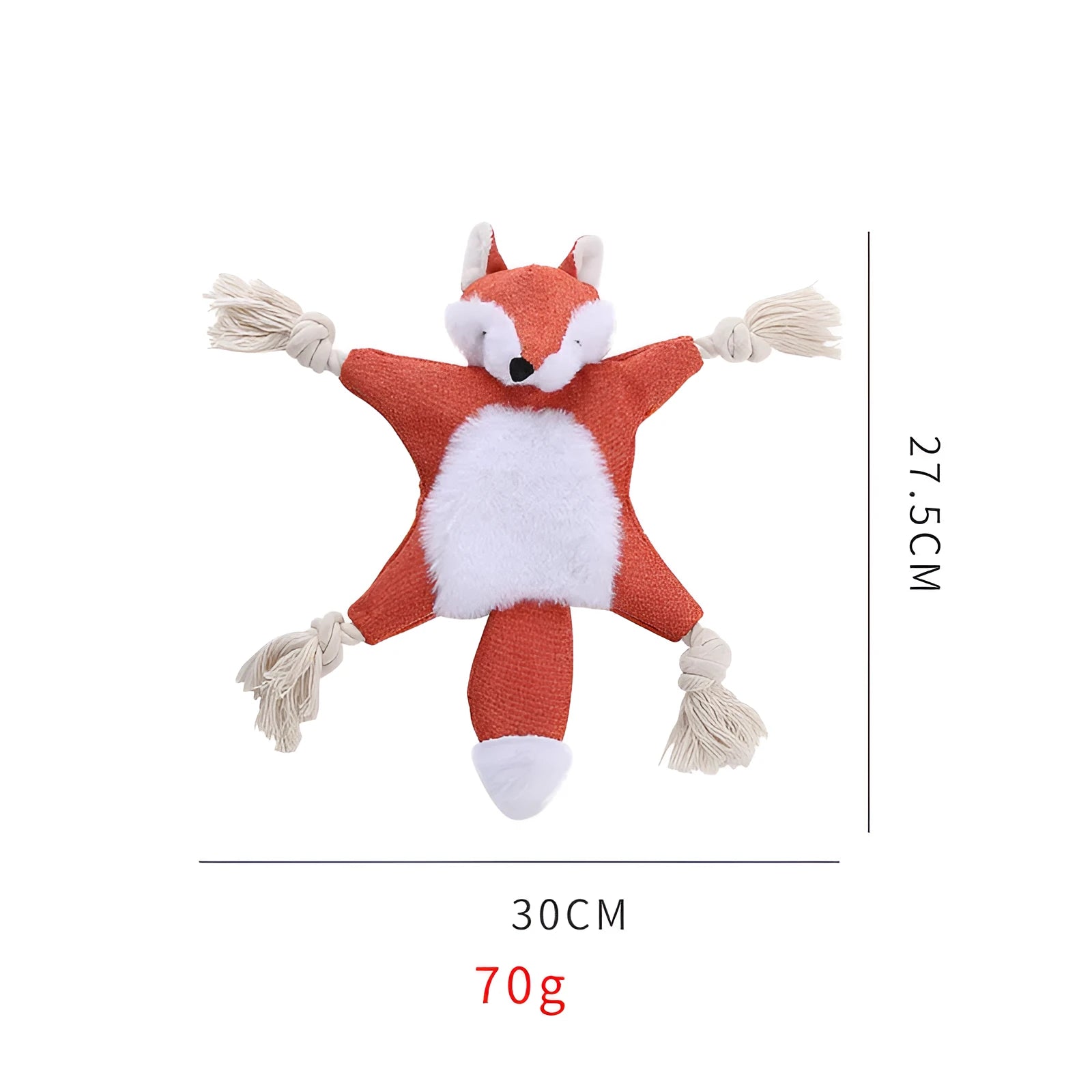 Brown fox dog toy with embroidered eyes, cotton rope arms and legs, squeaker in head
