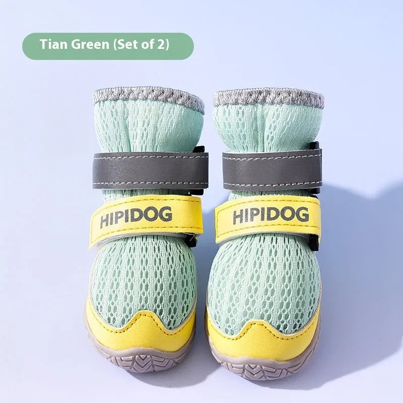 Cartoon style summer dog shoes with anti-scald protection in Bondi Blue and Dean Green colours