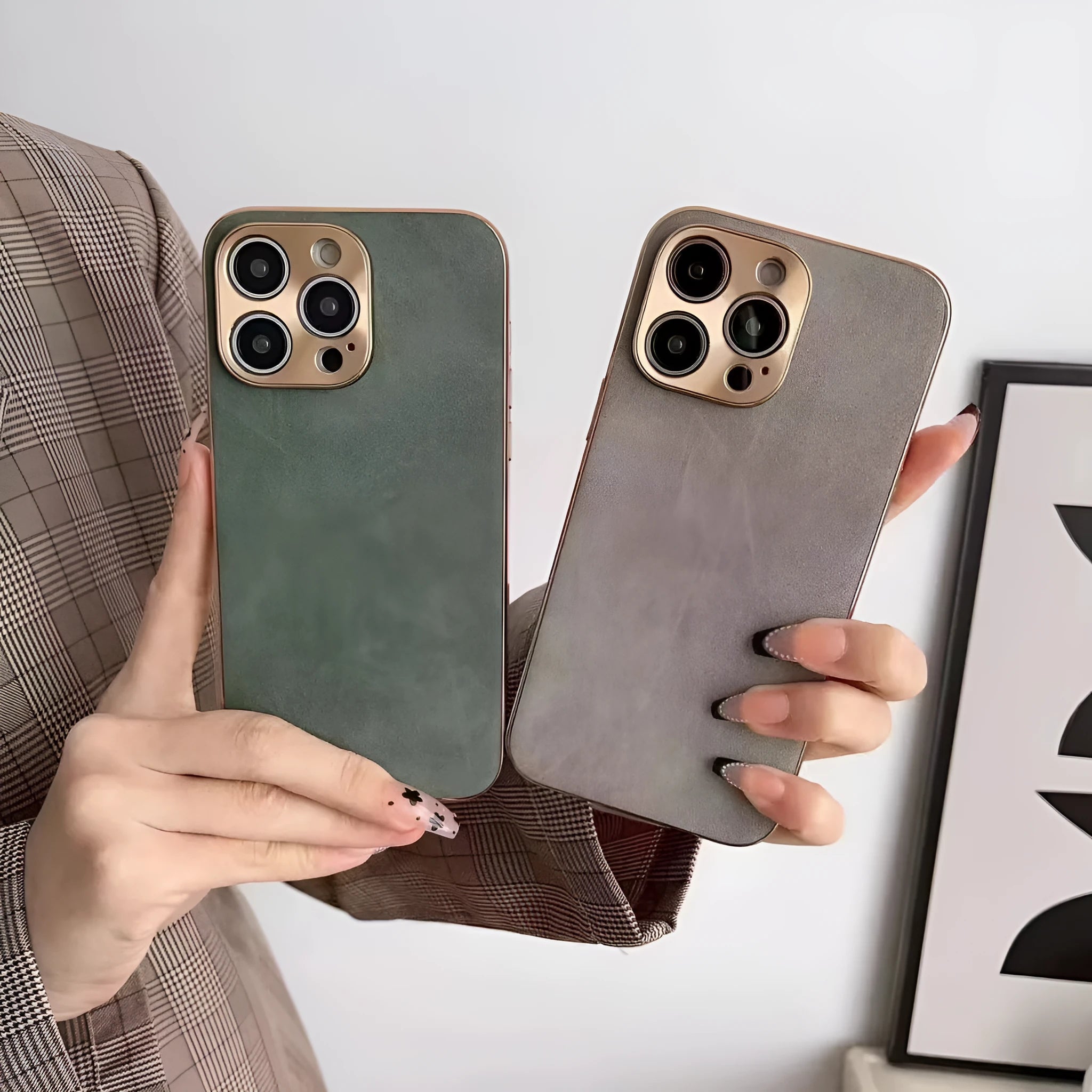 Leather texture TPU iPhone case in solid colours: black, blue, grey, grey-green for iPhone 11, 12, 13, 14 models.