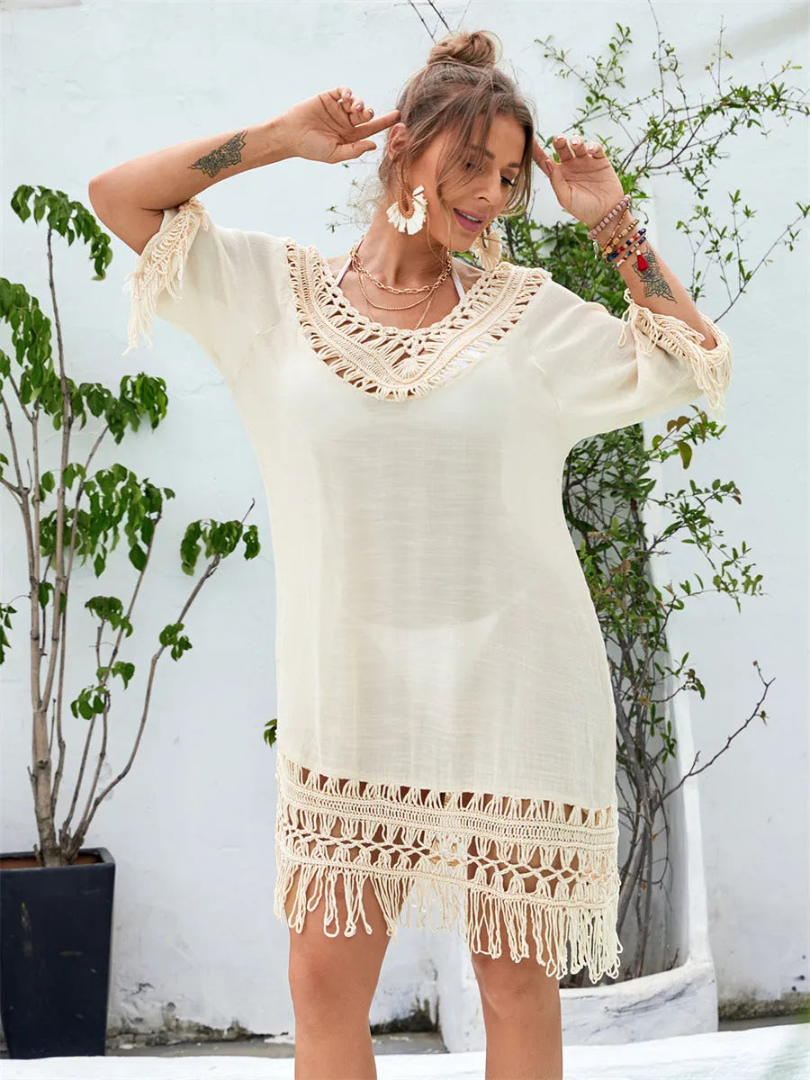 Hand-crocheted apricot beach dress with polyester lining for swimming and wading sports activities