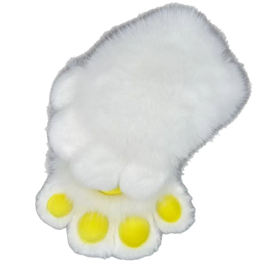 A pair of fingerless animal claw cosplay gloves in a white and pink colour combination with a coloured pad on the back.