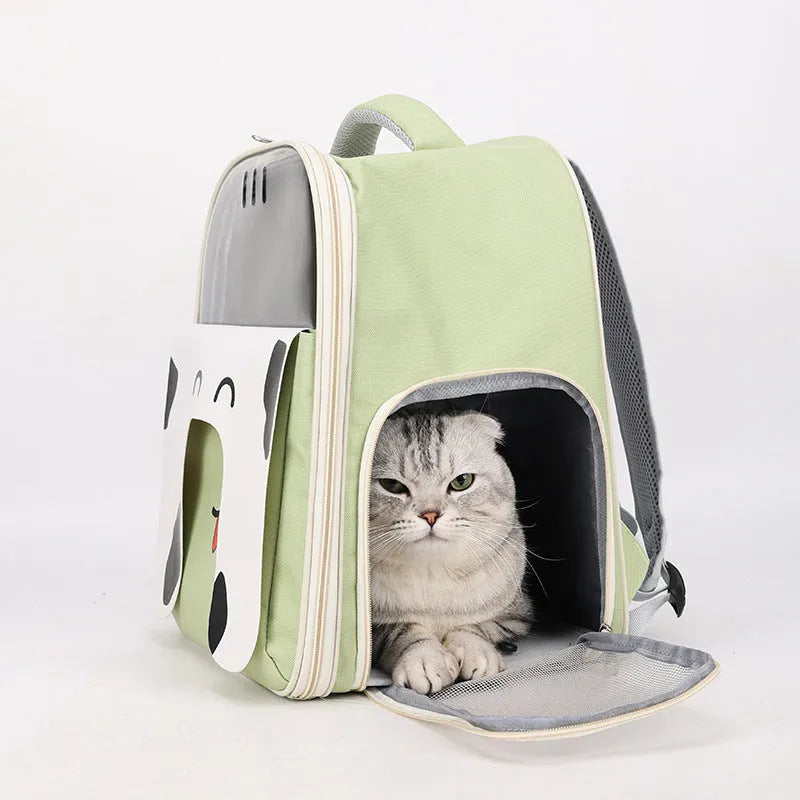 Large capacity PU PVC pet backpack in beige, for outdoor travel with a cat