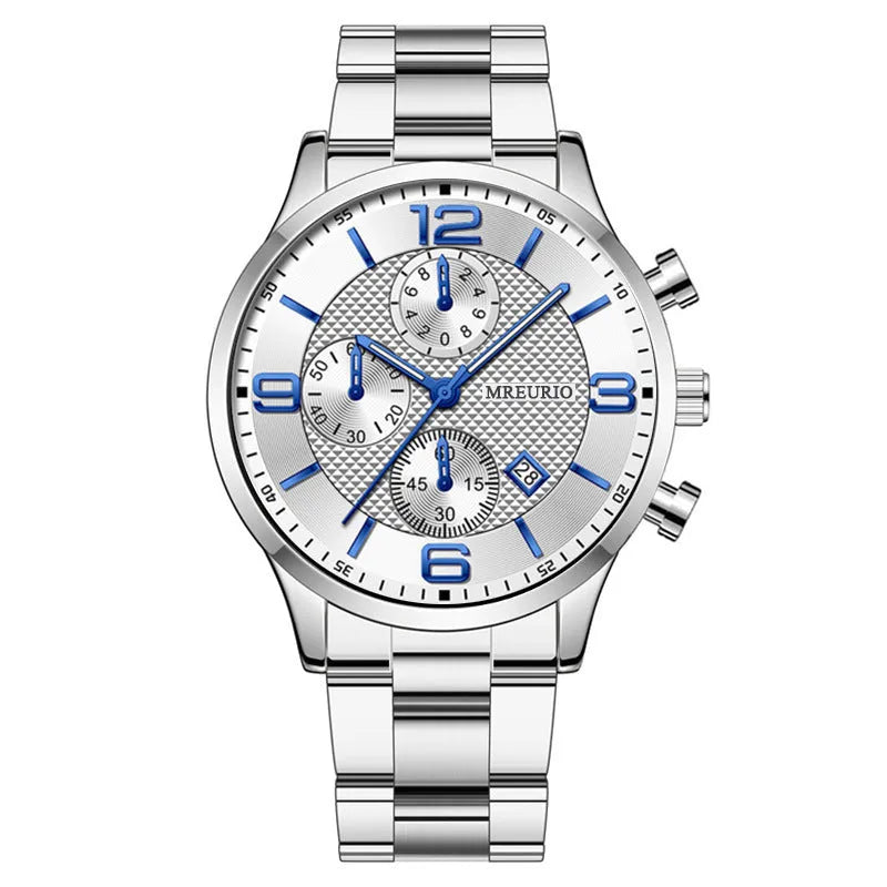 Fashion Numbers Three-eye Calendar Men's Watch with black dial and silver case, 9.5mm thickness