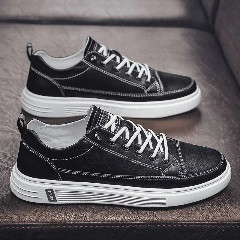 Men's Korean style casual shoes in beige with round toe and flat bottom sole