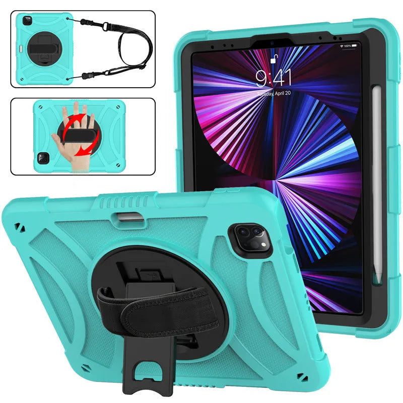 iPad silicone protective case with a rotating bracket strap in rose gold colour