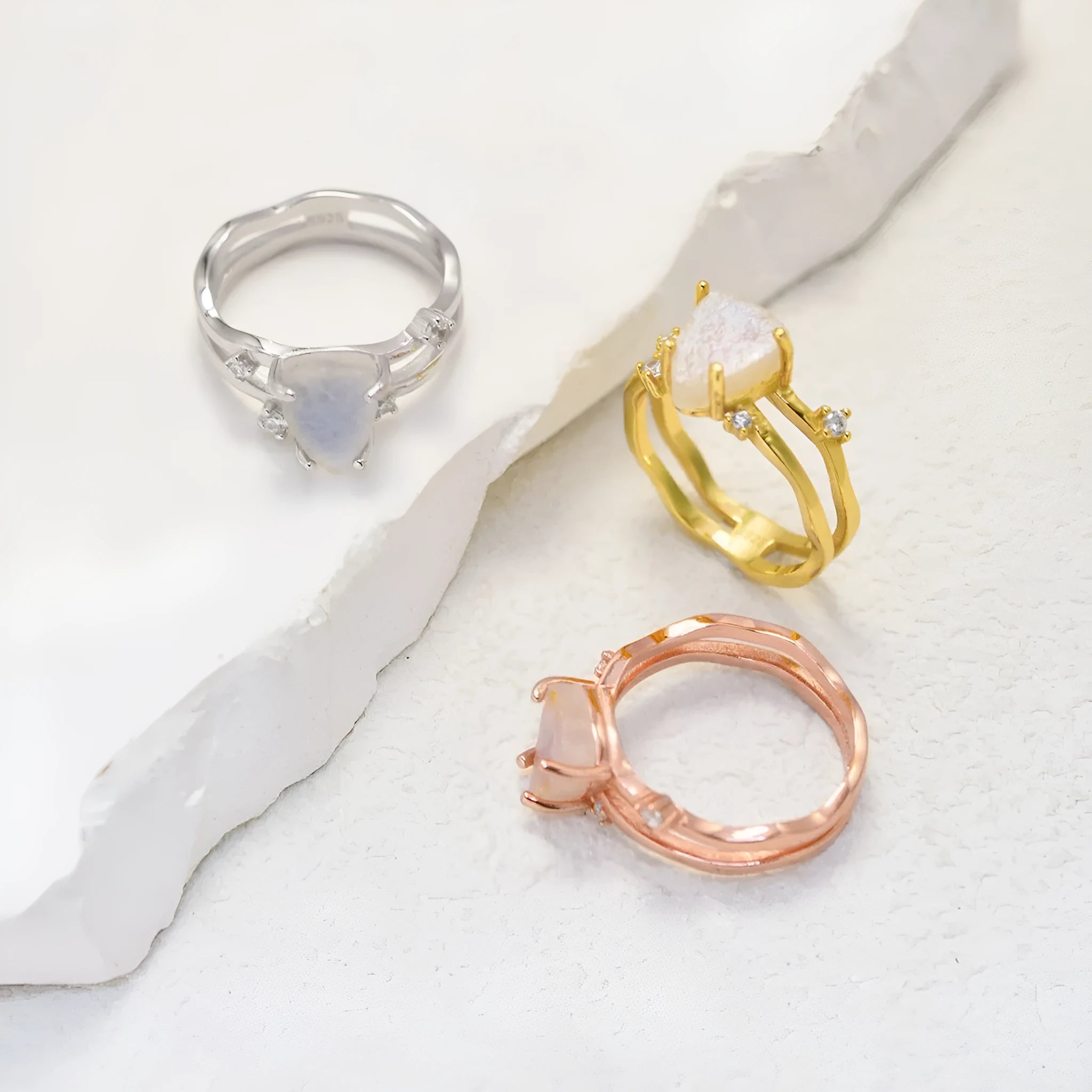 S925 sterling silver geometric triangle moonstone ring showing rose gold, white gold and yellow gold electroplated finish options.