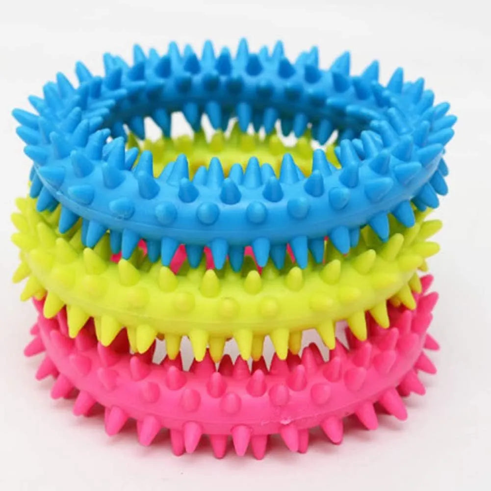 TPR spiky circle ring dog chew toy in selected colour, 9.5cm diameter