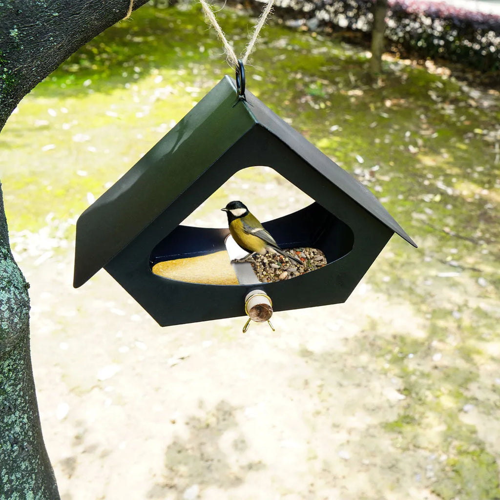 European-style iron bird nest feeder with anti-rain roof in modern simple design for garden decoration.