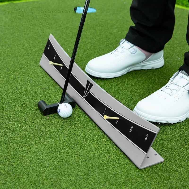 Adjustable golf putter trajectory balance simulator with PVC construction.