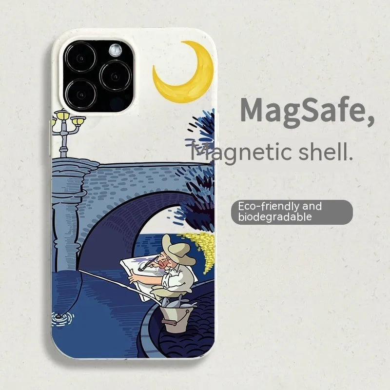 Magnetic resin retro graffiti phone case for iPhone 13 and 14 series in green