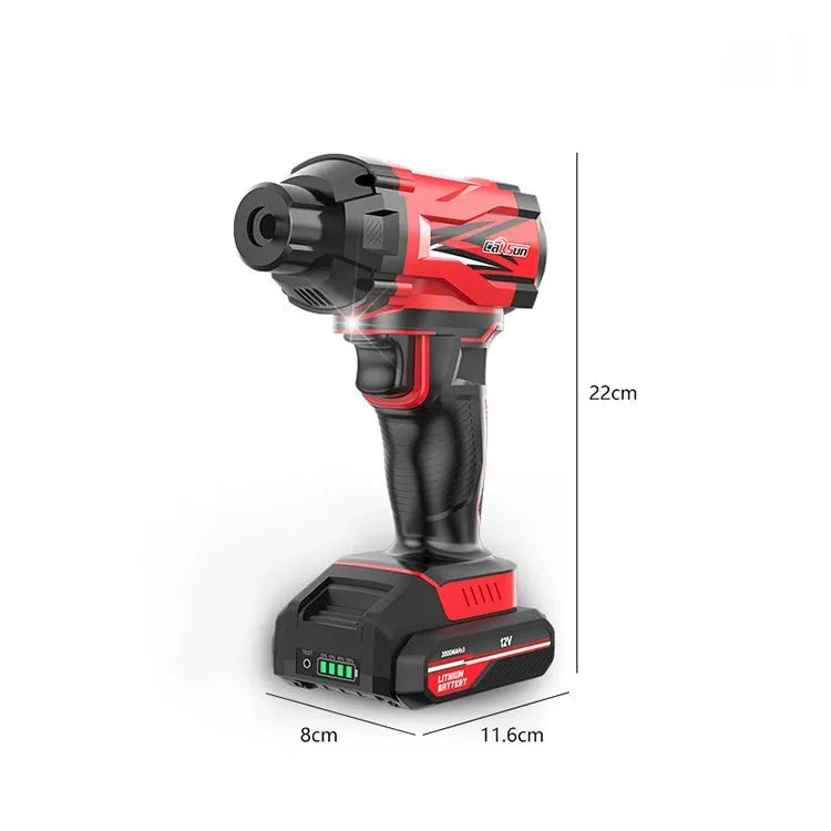 Red and black portable car tyre inflator with power cable and accessories