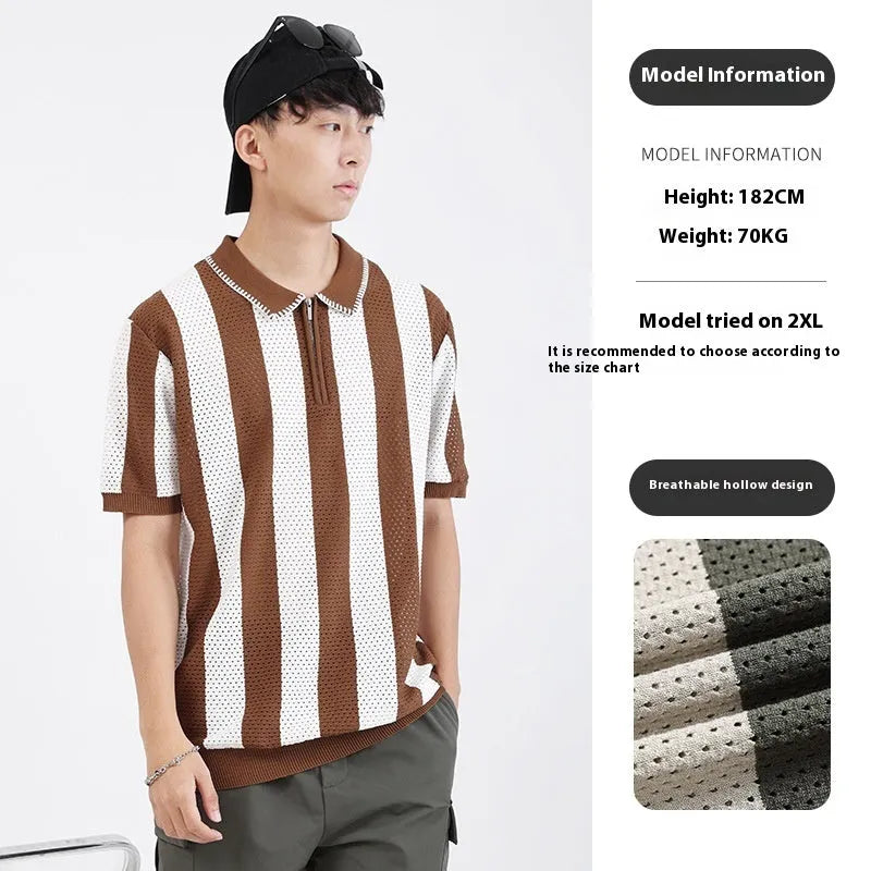 Men's striped short sleeve summer sweater with zipper decoration in viscose fabric showing colour options