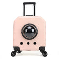 Hard shell PVC pet trolley case in orange, pink, white, or burgundy for travel.