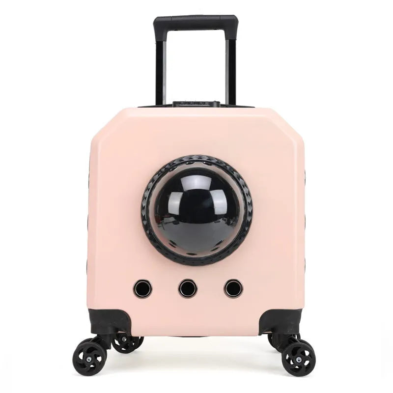 Hard shell PVC pet trolley case in orange, pink, white, or burgundy for travel.