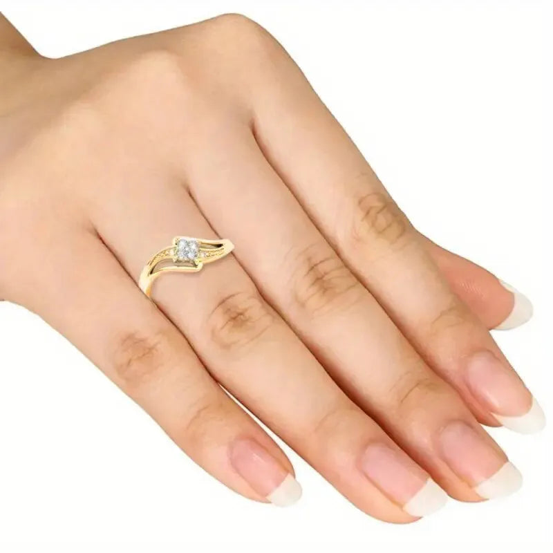 Yellow gold coloured copper diamond ring with micro inlaid zircon detail and geometric quadrangle design.