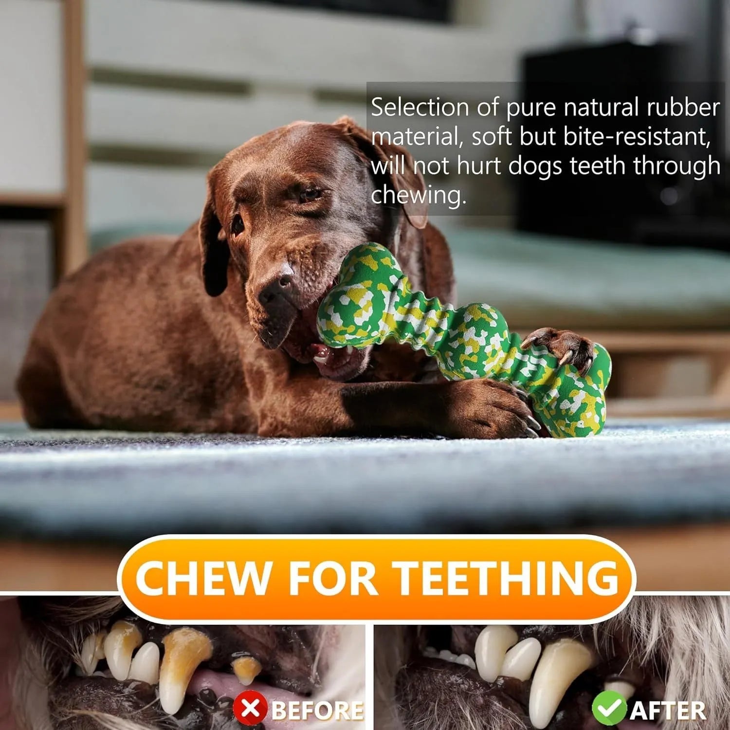 Green, white, and yellow camouflaged natural rubber bone chew toy for large dogs on a plain background.