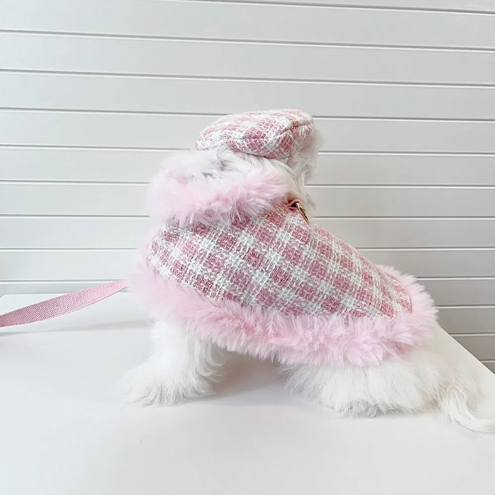 Pink polyester cat costume with a hooded beret and a matching cape on a cat
