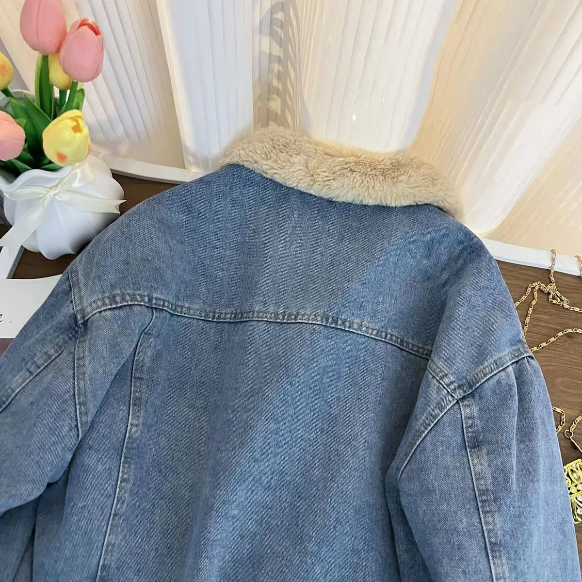 Blue premium faux lamb wool denim jacket for men with cotton denim outer and long sleeves