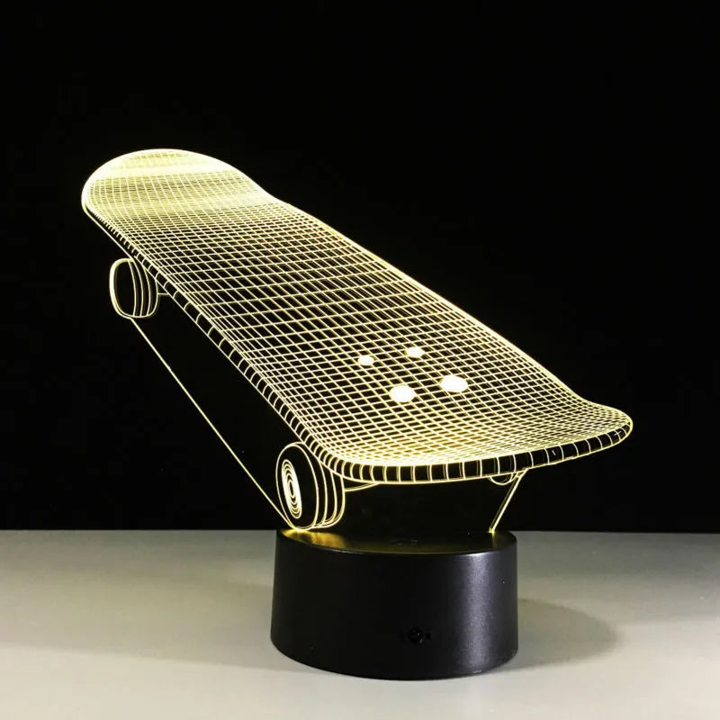 Skateboard-shaped LED touch light with acrylic panel, ABS base, 7 colour modes, 223x176x87mm, USB powered