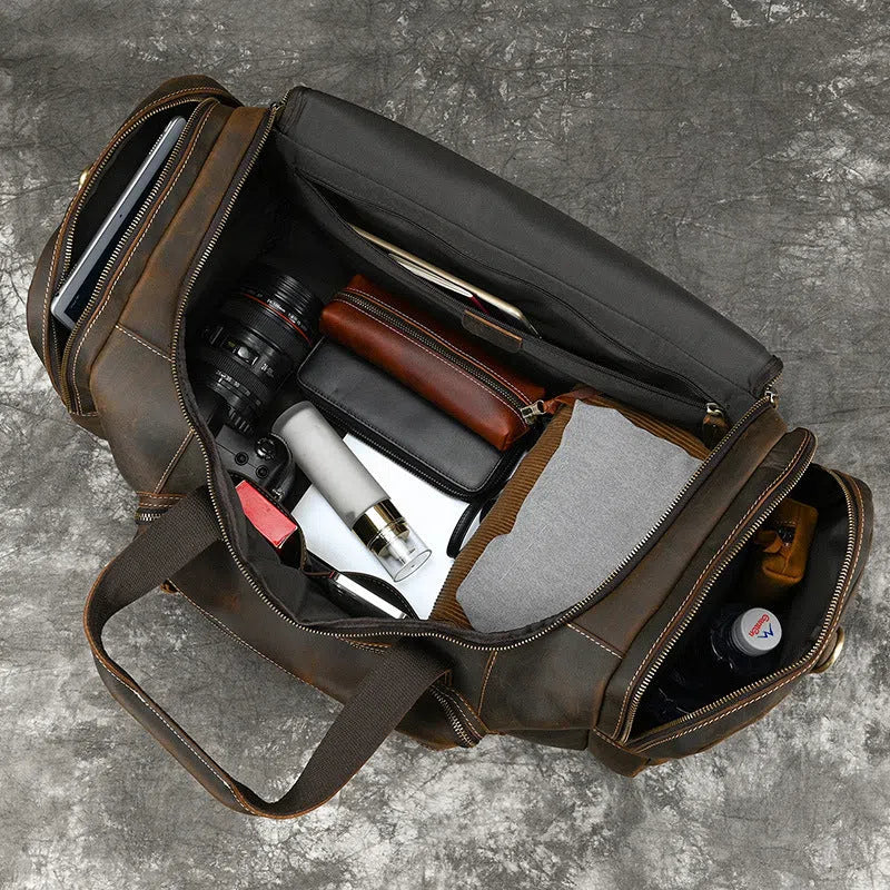 Men's genuine leather handbag large-capacity crossbody bag dark brown full-grain cowhide stitched seams