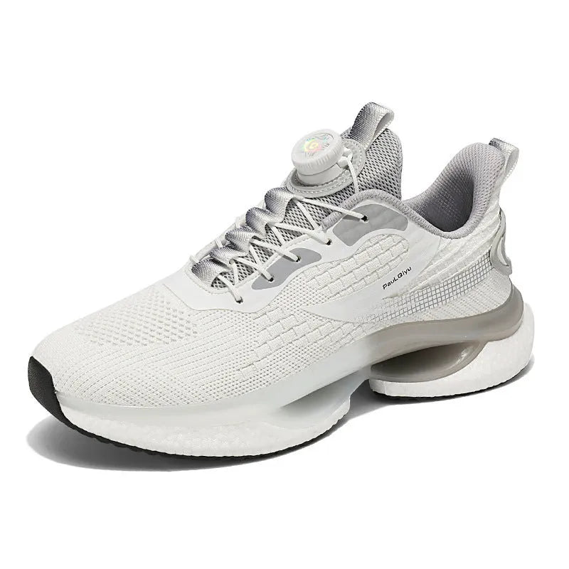 Men's rotating button buckle running shoes in Fly-knit mesh with TPU sole in beige colour