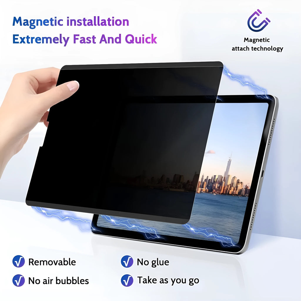 Magnetic iPad privacy screen protector with paper-like texture and magnetic storage clip for multiple iPad models