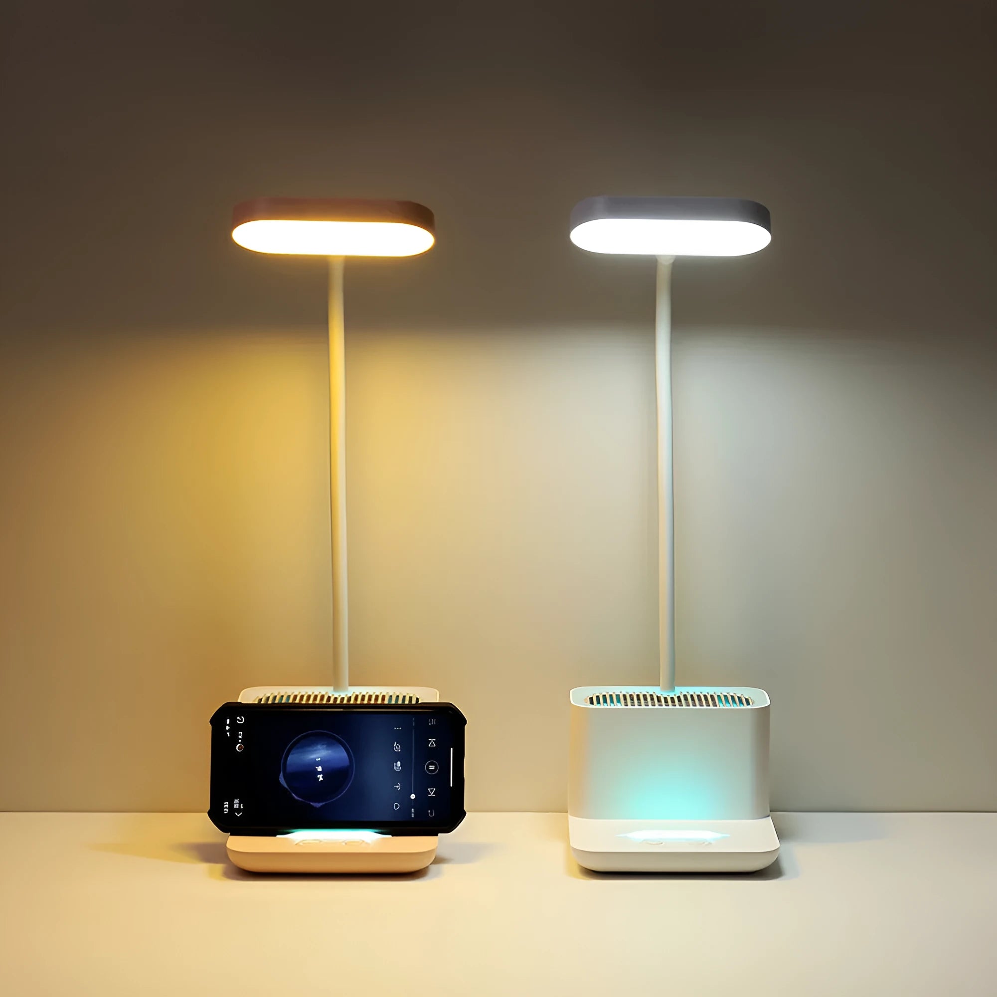 Negative ion air purifier desk lamp with LED lighting, plastic shade, portable design, white colour option