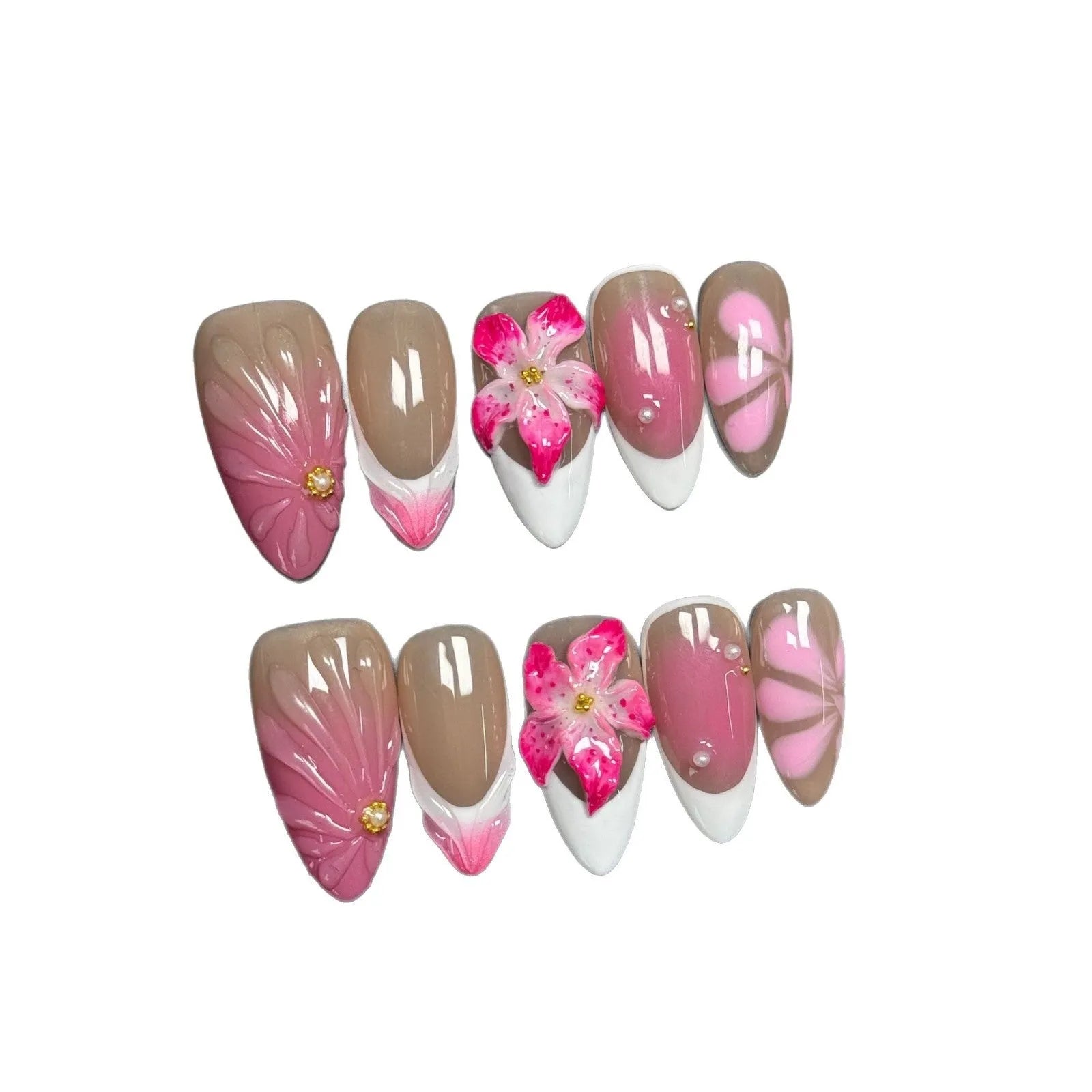 French style decorative artificial nails with three-dimensional lily ice flower manicure design in plastic construction