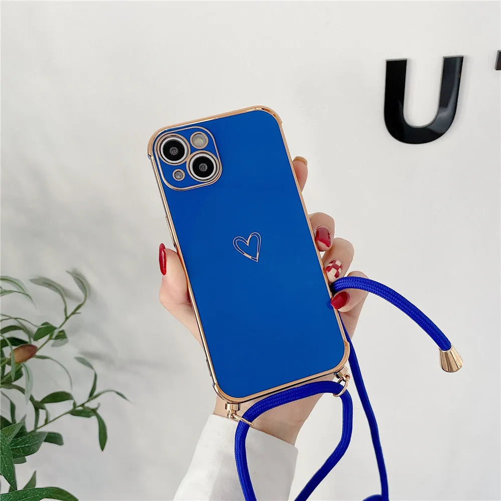 TPU hollow love crossbody lanyard phone case for Apple iPhone, electroplated heart design, grey option