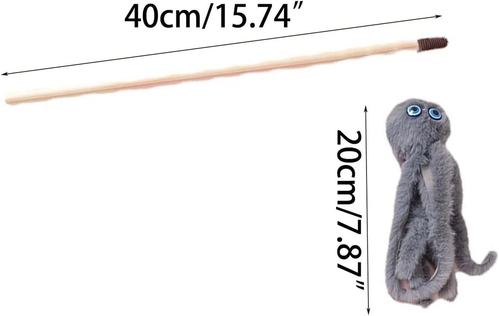 Grey octopus cat toy with eyes on long stick for indoor kitten play