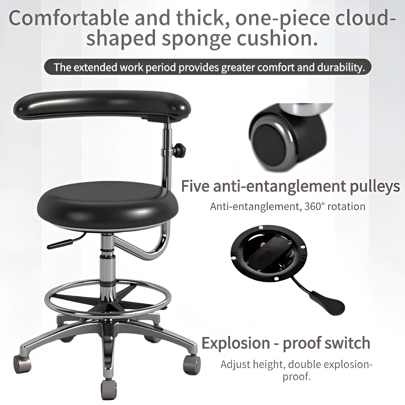 Black leather dental chair with hydraulic lift mechanism for dental hospital use