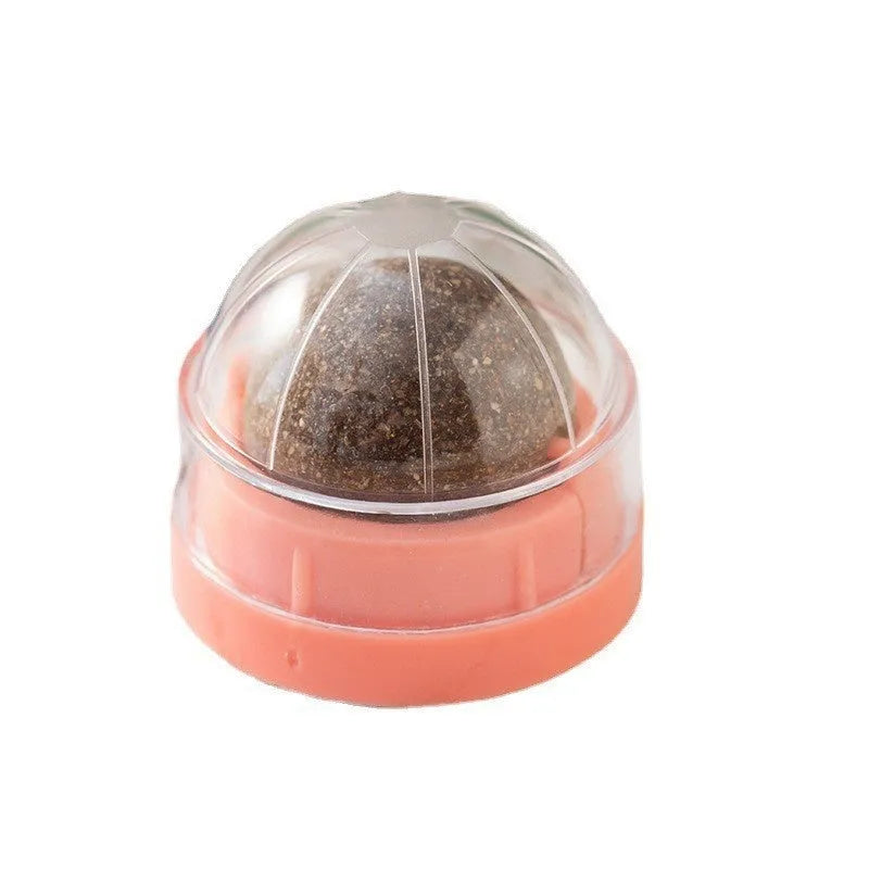Plastic catnip ball cat toy for teeth cleaning in assorted colours including pink, blue, green.