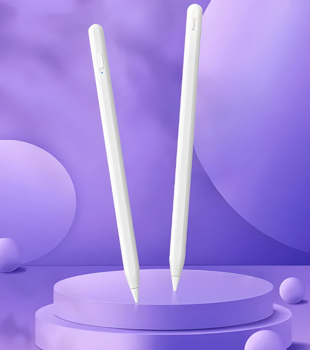 Magnetic rechargeable stylus for iPad and Android tablets showing power display and tilt pressure sensitivity.