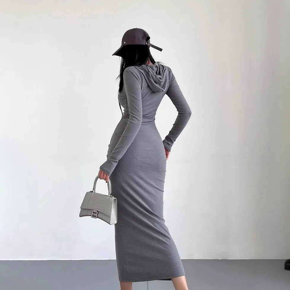 Women's long sleeve hooded sheath dress in light grey, shown over-the-knee length.