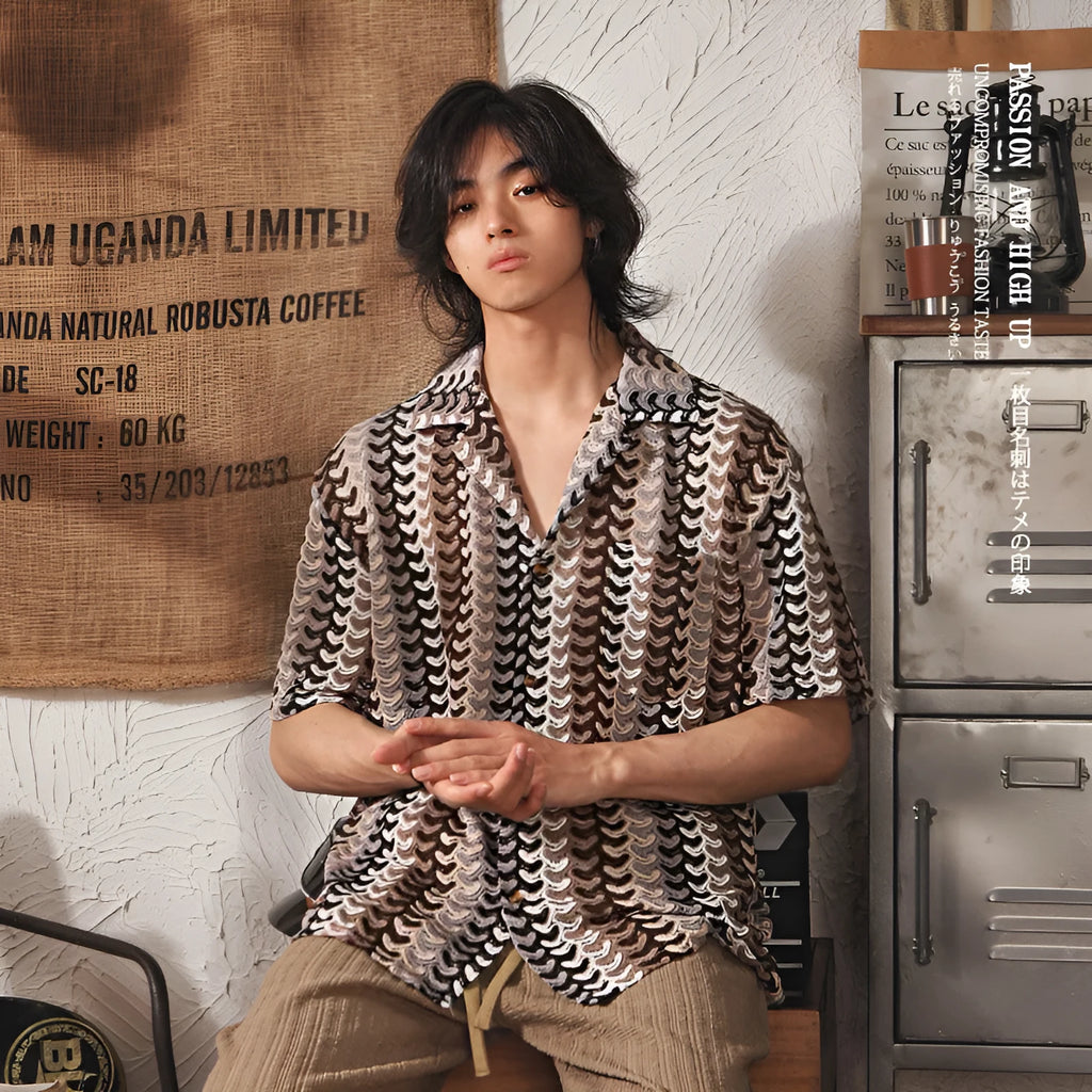 Japanese style men's Cuban collar short sleeve shirt with patterned jacquard fabric in grey colour