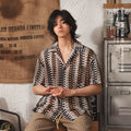 Japanese style men's Cuban collar short sleeve shirt with patterned jacquard fabric in grey colour