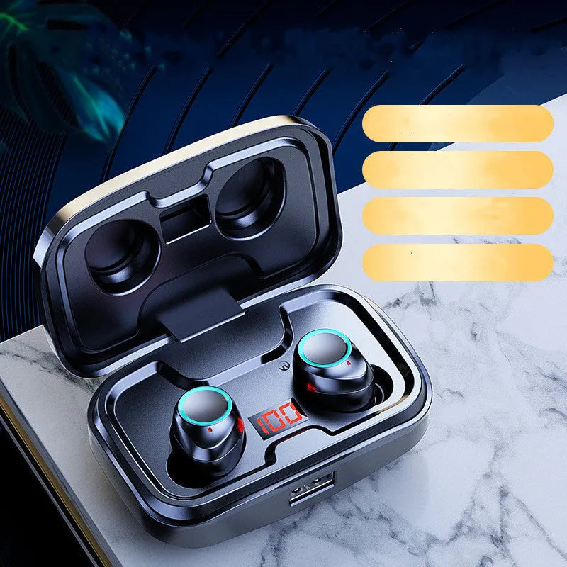 Black wireless in-ear Bluetooth 5.0 earphones showing binaural stereo design