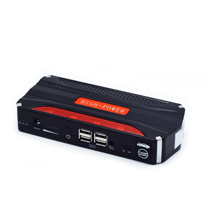 Black red vehicle emergency starting power supply showing compact design with safety protection features