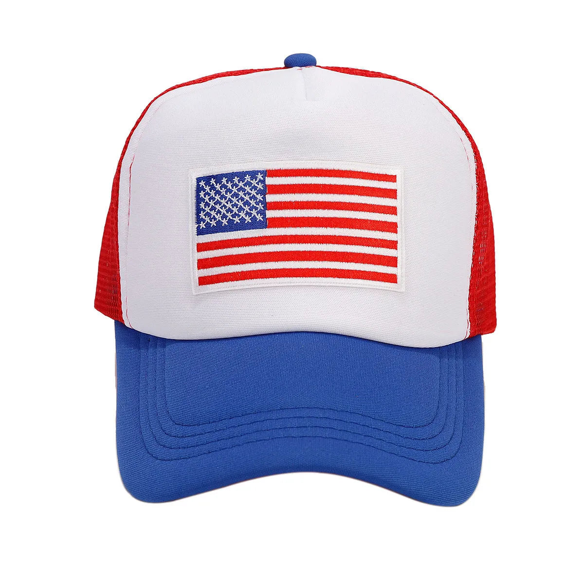 Red and blue contrast adjustable mesh baseball cap with dome crown construction