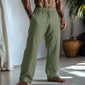Straight-leg cotton linen casual trousers in various solid colours on a hanger.