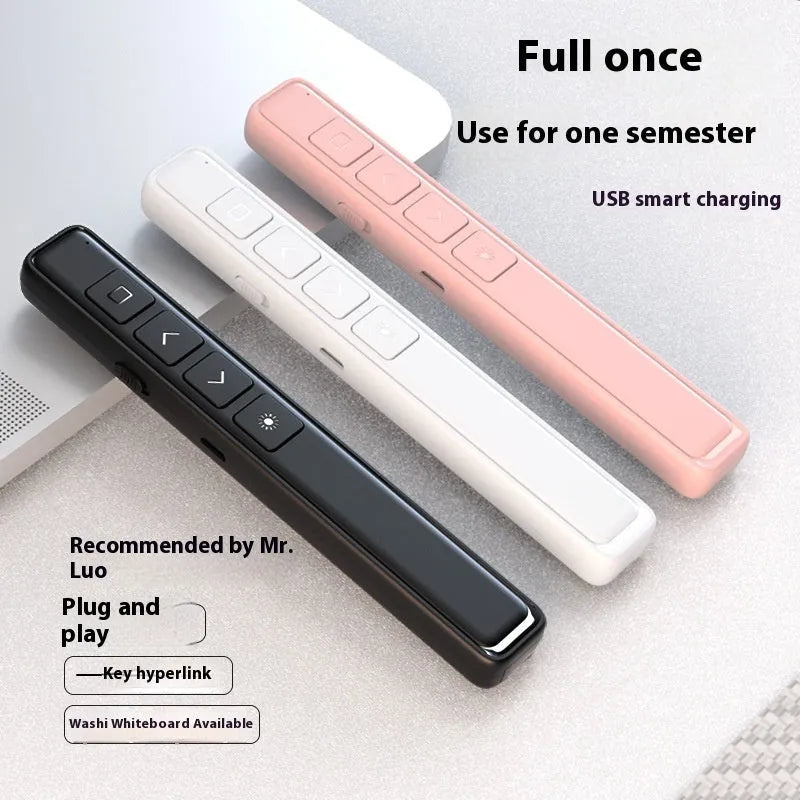 Black wireless presentation remote control pen with laser pointer and USB receiver on a white background.