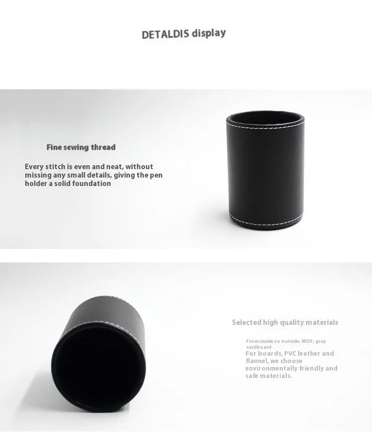 Round black leather pen holder showing 8cm diameter and 10.8cm height dimensions