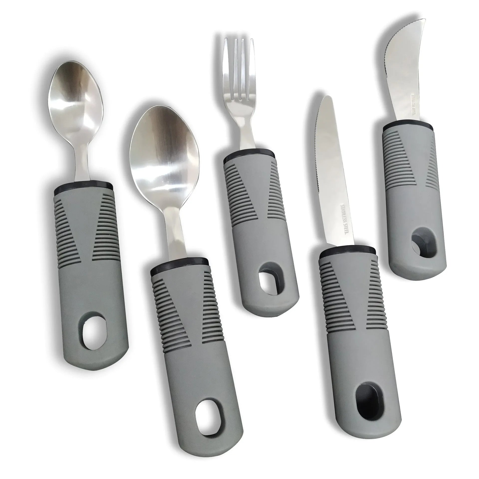Stainless steel anti-shake cutlery set with rubber handles for adult mealtime assistance