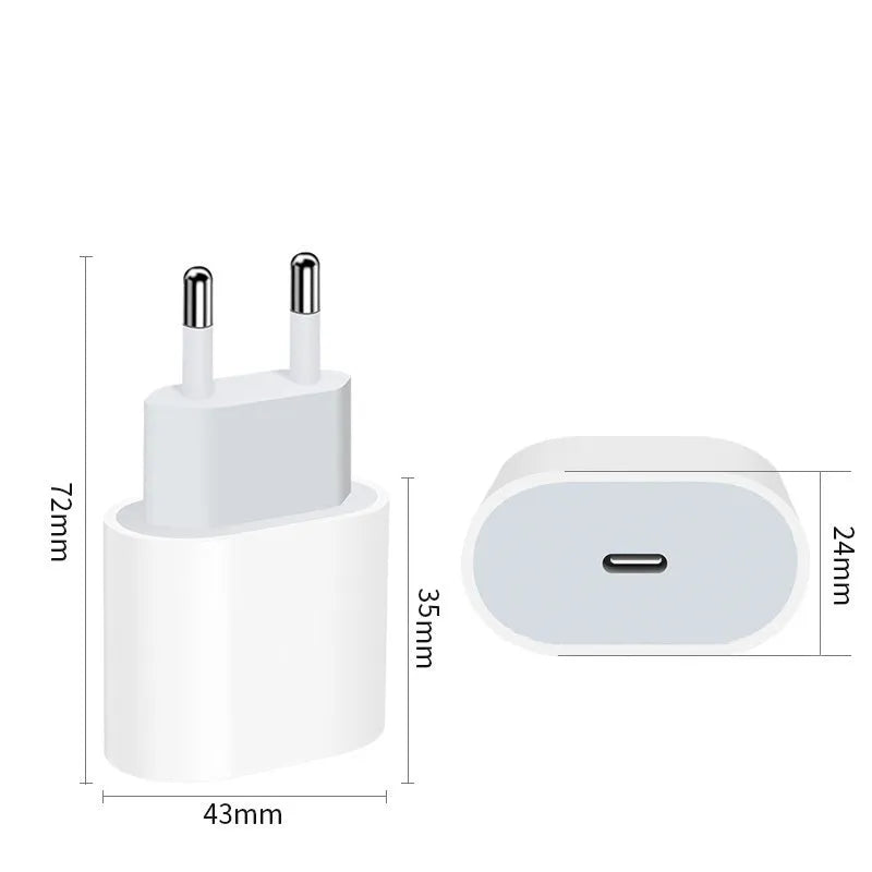 20W PD mobile phone charger with USB-C interface showing EU and US plug variants